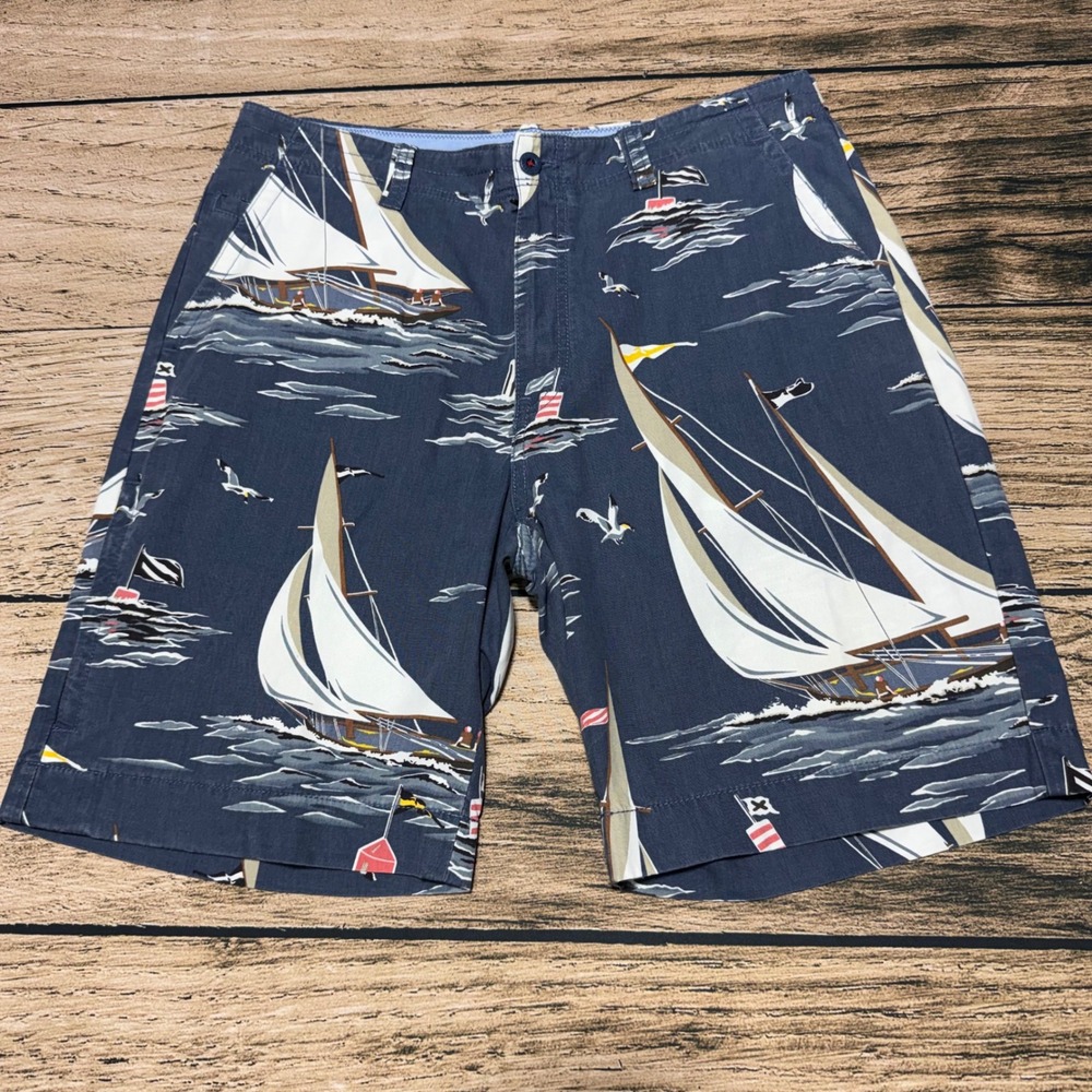Nautica Sailing Club Shorts Mens 34 Navy Blue Sailboat Nautical Print Cotton